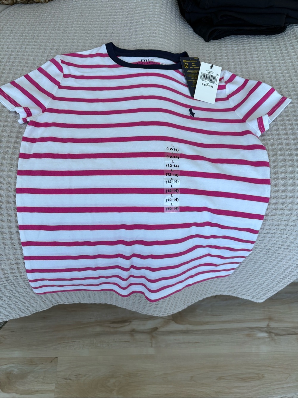 Ralph Lauren Pink and White Stripe Crewneck Tee with Navy Trim - Kids